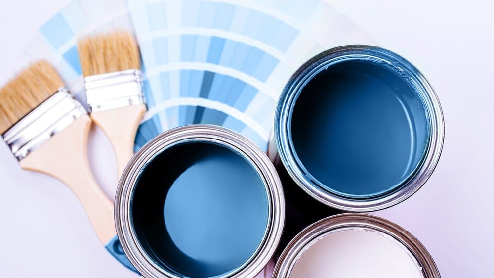 Two brushes and three paint buckets with blue and white paint in them with color swatches underneath everything else