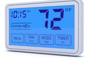 A thermostat reading 72F and 49% humidity