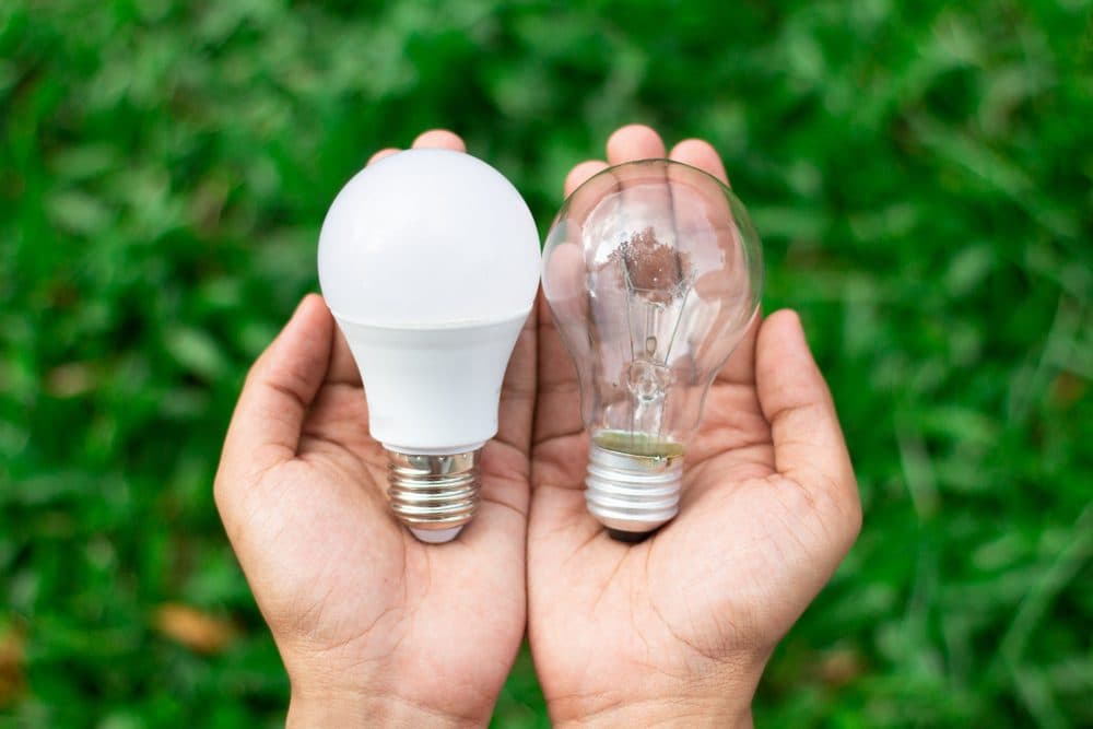 A person holding two light bulbs with the left hand holding an LED bulb and the right hand holding an incandescent bulb