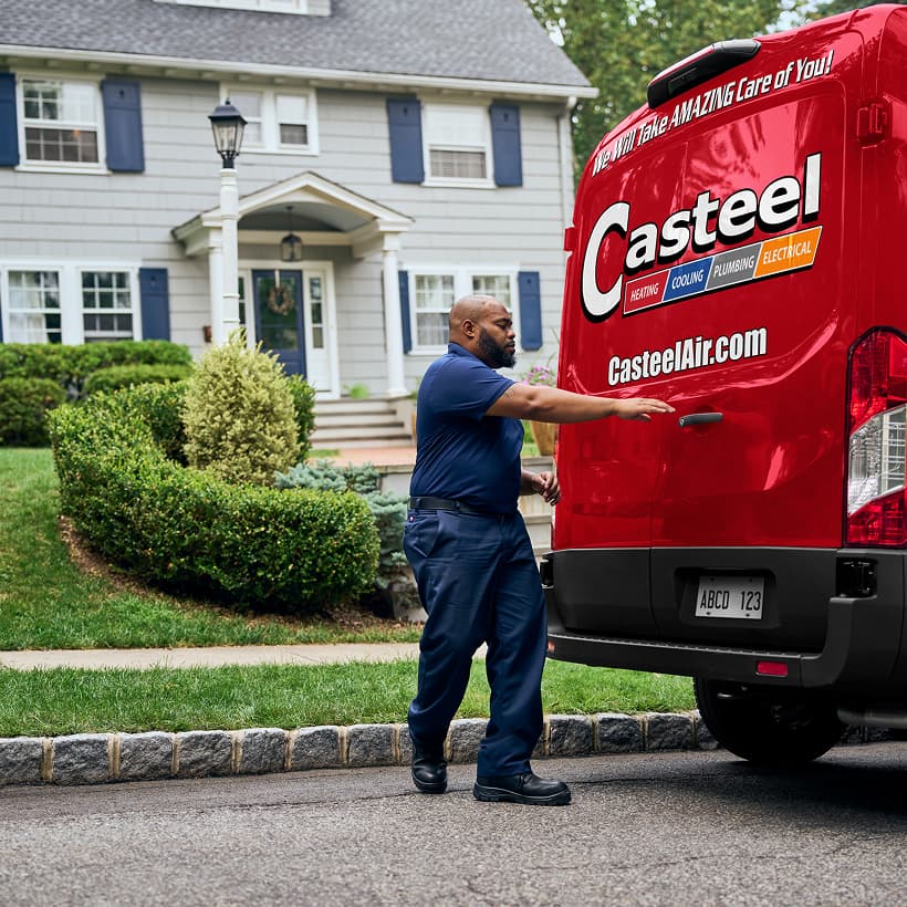 A Casteel technician arrives at a home ready to provide expert HVAC, plumbing, and electrical services.