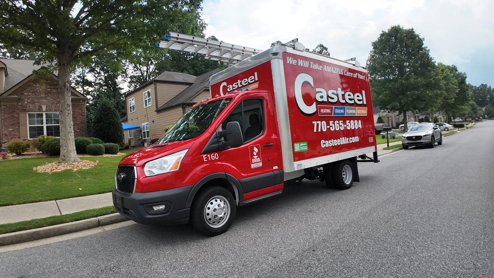 A Casteel truck arriving at a metro Atlanta home for a replacement estimate