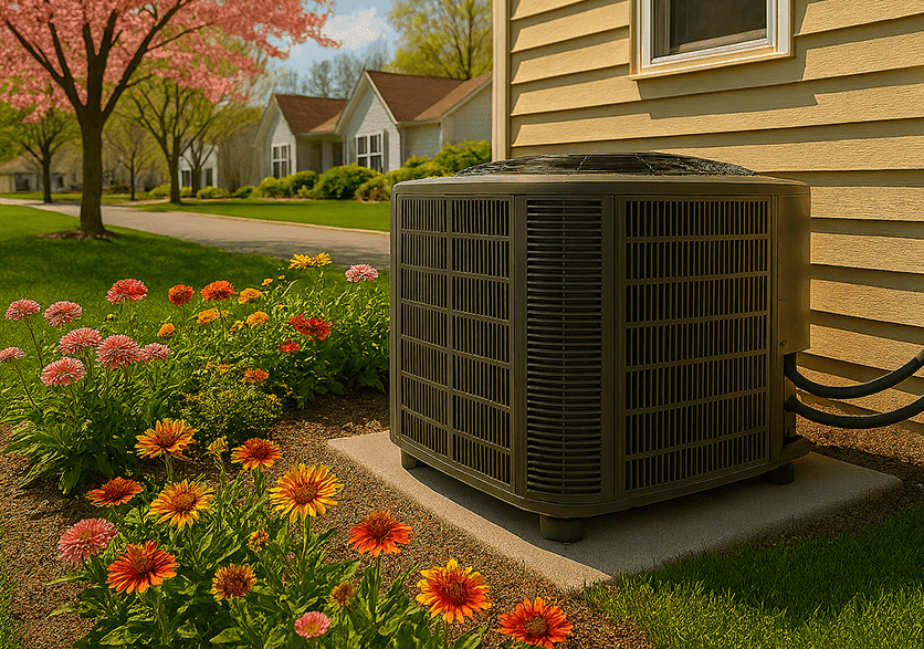 A traditional painting-like depiction of a yellow house in a neighborhood with an HVAC unit sitting next to blooming flowers