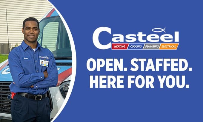 A smiling Casteel technician with his arms crossed with the text open, staffed and here for you underneath the Casteel logo