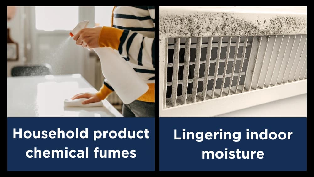 Household product chemical fumes. Lingering indoor moisture.